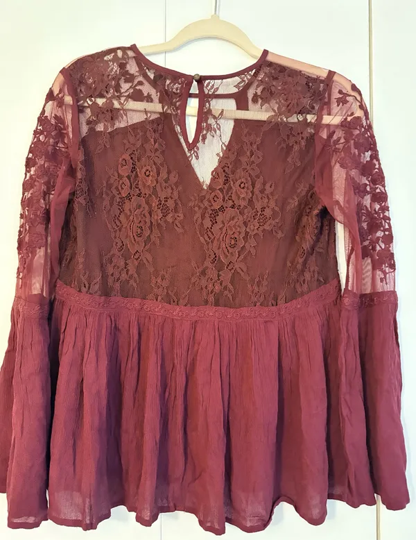 American Eagle Lace Burgundy Long Sleeve Blouse - Image 4