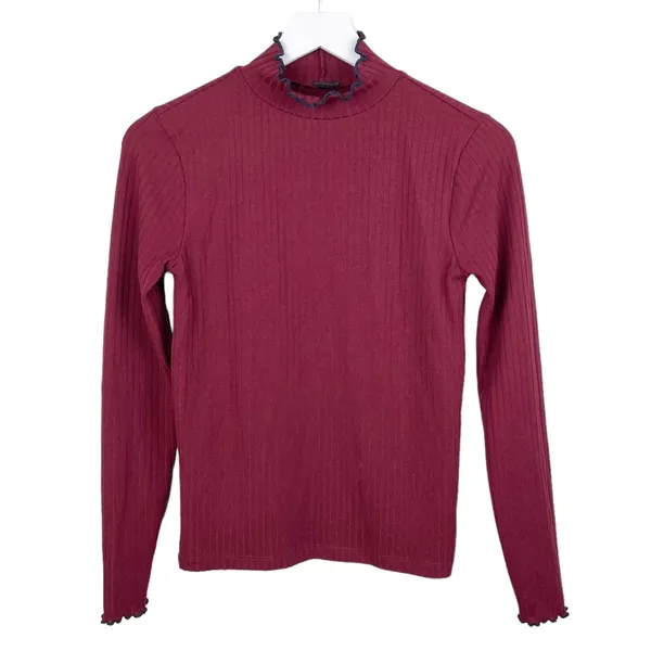 J. Crew Contrast Trim Ribbed Long Sleeve Roll Neck T-Shirt Size XS Maroon K3235 - Image 2