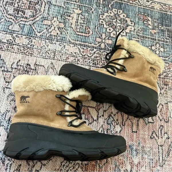 Sorel Snow Angel Winter Boots Rootbeer Tan Black Faux Fut Lace Up Boots Size 11 - Image 7
