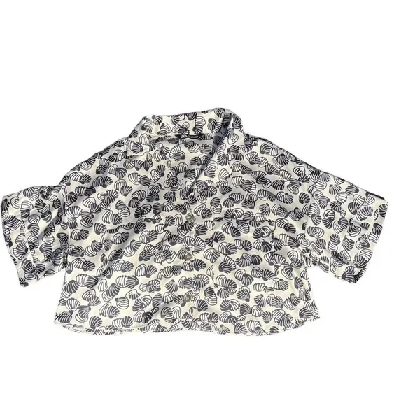 Zara Clamshell Silky‎ White & Navy Relaxed Fit Button Front Crop Top Size Large - Image 4
