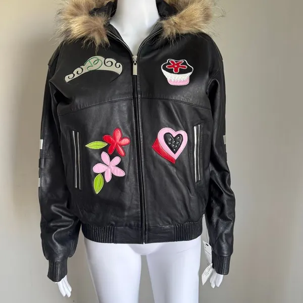 Barbie Custom Embroidered Glam Graphic Leather Jacket With Faux Fur Hood - Image 3