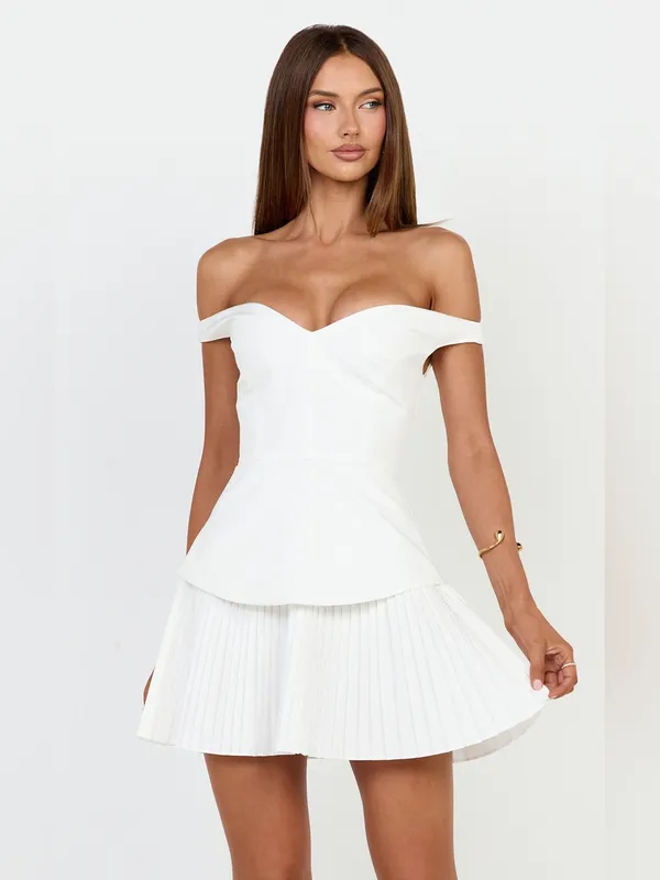 SHOWPO Izara Off The Shoulder Pleated Mini Dress In White - Image 4