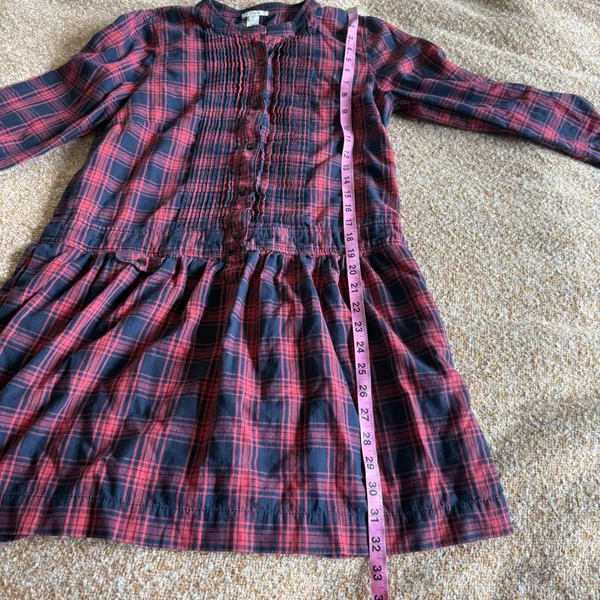 J.Crew Red Navy Plaid Drop Waist Pintuck Pleated Button Front Dress‎ Womens 8 - Image 5