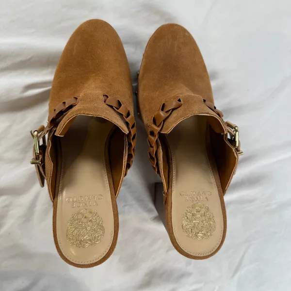 Vince Camuto Crashell Tan Suede Platform Clogs Braided Buckle Mules Studded 9.5 - Image 7