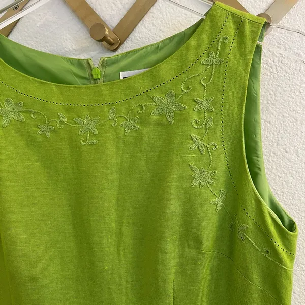 Vintage 90’s Jessica Howard Green Linen Embroidered Midi Dress 8 - Image 2