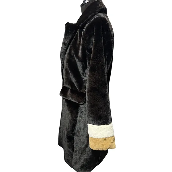 Faux Fur Coat Collared Button Close Women's Medium Black/Camel/Ivory MobWife NEW - Image 3