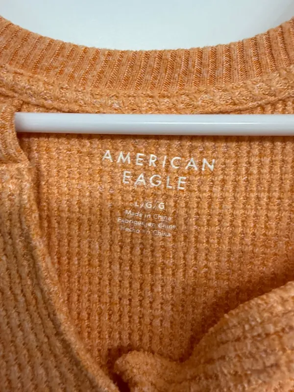 American Eagle Orange Waffle Knit Split Neck Long Sleeve Top Large - Image 4