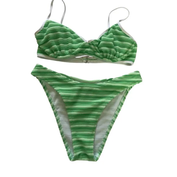 No Boundaries Women Bikini Set Green White Wavy Stripe S 4-6 Ruched Y2K Swimwear - Image 2