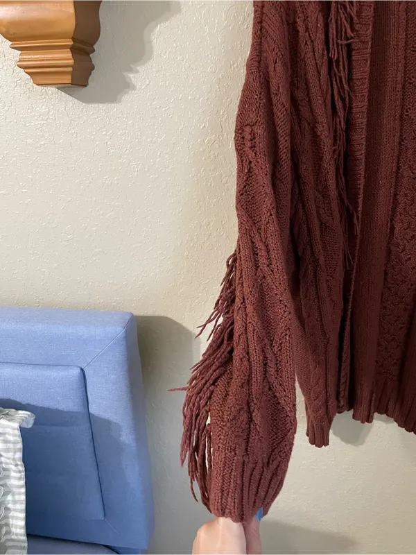 American Eagle Fringe Cable Knit Open Front Cardigan Rust Size XS/S Oversized - Image 12
