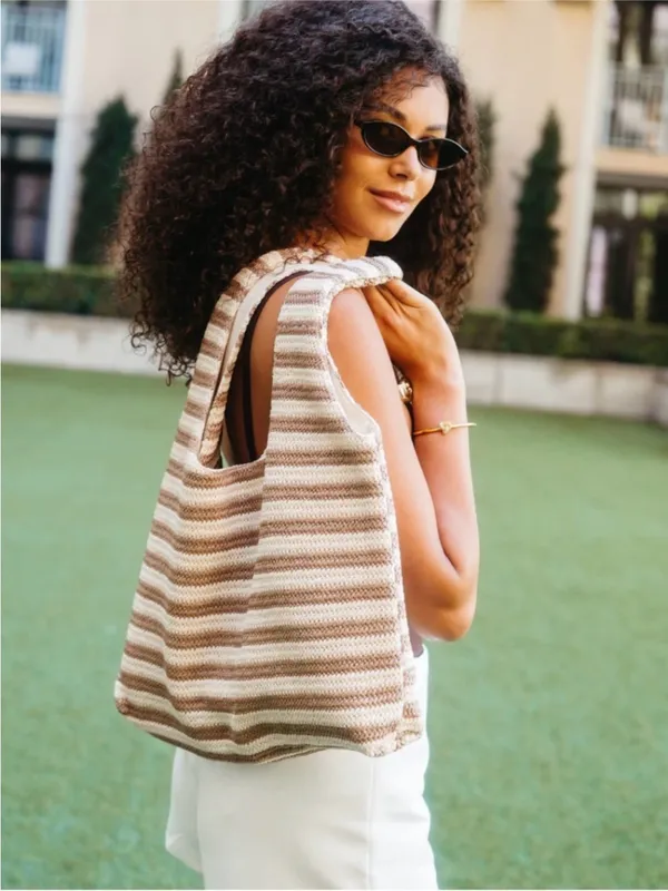 NEW Beach Riot Nantucket Striped Knit Hobo Bag Tote Beige and Cream, MSRP $78 - Image 2