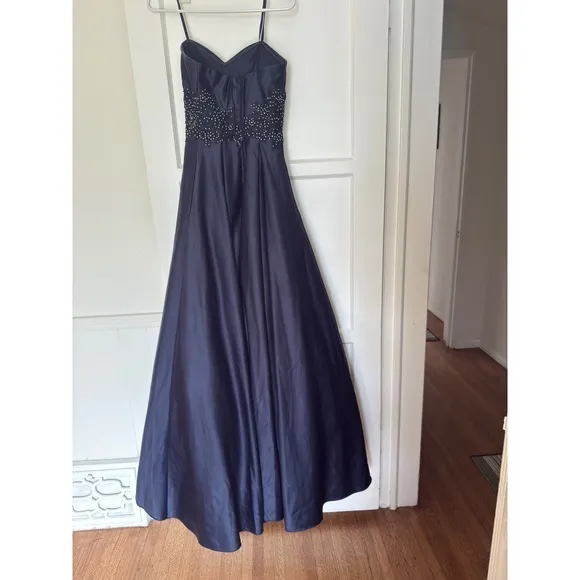Blondie nite Navy Blue Satin Ball Gown Beaded Lace Waist Formal Evening Dress - Image 3