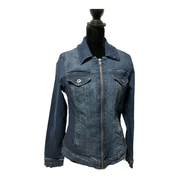 Guess Rigby Denim Moto Zip Distressed Blue Jean Jacket Medium - Image 3