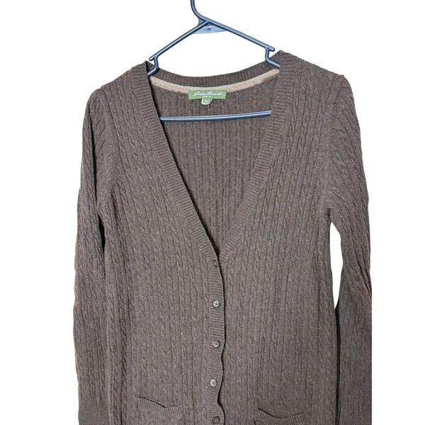 Eddie Bauer Womens Brown Cable Knit V-Neck Button Front Cardigan Sweater MT - Image 3
