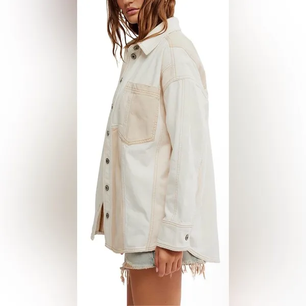 NEW FREE PEOPLE Ivory Mountain Roads Denim Button-Up ivory combo Shirt jacket L - Image 4