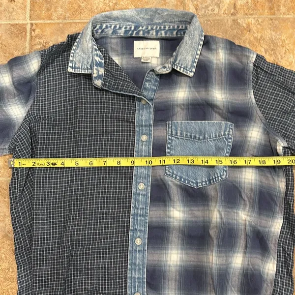 American Eagle Multi Printed Plaid Chambray Denim Button up Shirt - Image 5