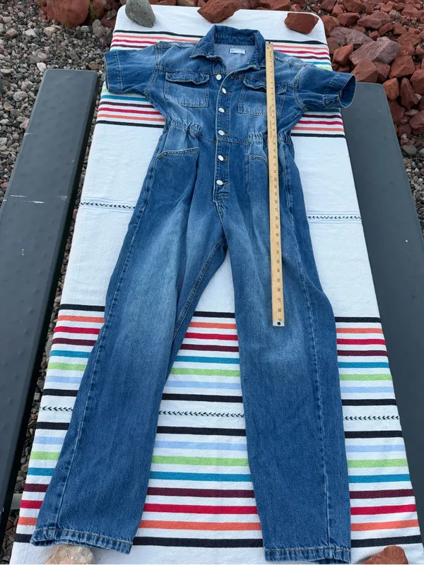 Free People We The Free Marci Denim Jumpsuit S Blue Utility Workwear 90s boho - Image 9