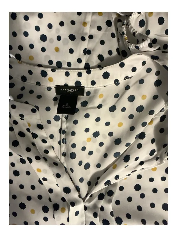 Ann Taylor Polka Dot V-Neck Blouse | Ivory, Black, & Mustard Gold | Size Small - Image 3