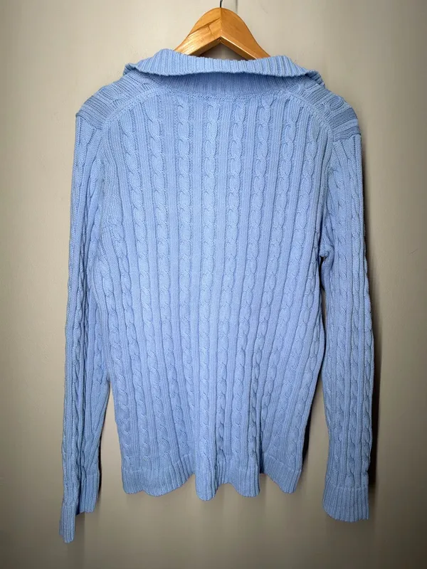 L.L.Bean Blue Cable Knit Collared V Neck 100% Cotton Sweater Heritage Classic‎ - Image 9