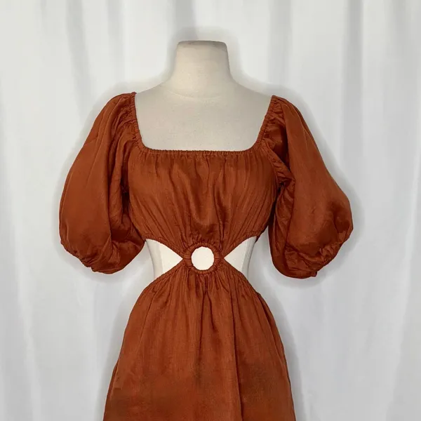 Revolve FAITHFULL THE BRAND Almero Linen Dress Brown Plain Spice Party X-Small - Image 3