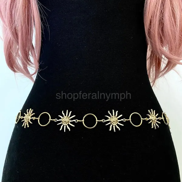 Gold Y2K Celestial Smiling Sun Open Ring Chain Belt, Fits 23-48 Inches, X7GA1333 - Image 5