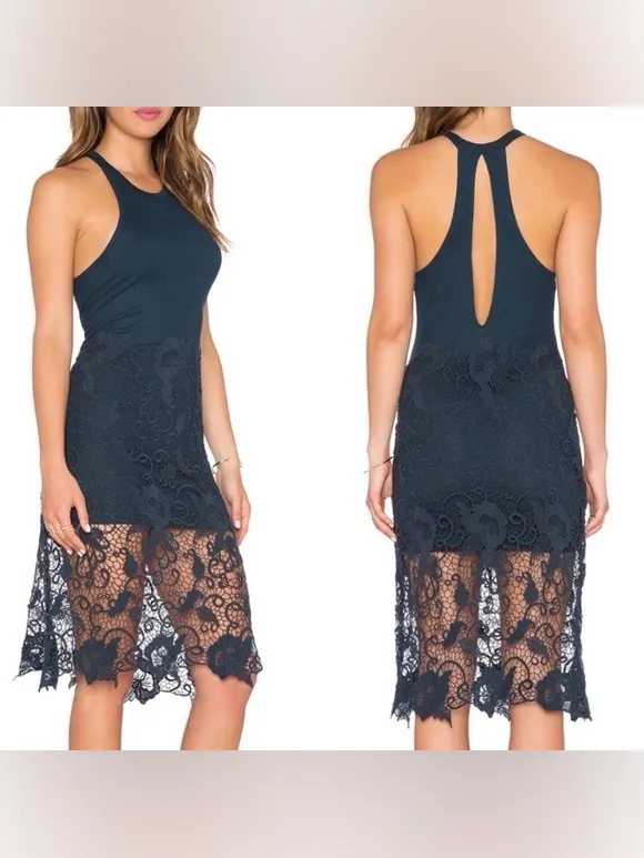 Free People Nora Crochet Lace Midi Dress XS Navy Blue Racerback Boho Sleeveless - Image 2