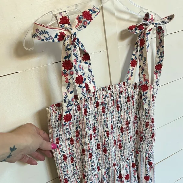 Joie Floral Smocked Tiered‎ Midi Sundress Tie Shoulder Red Blue White Medium - Image 8