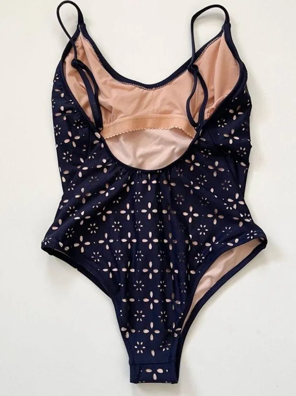 J CREW Navy Blue Beige Eyelet Cutout One-Piece Swimsuit Size 4 - Image 4