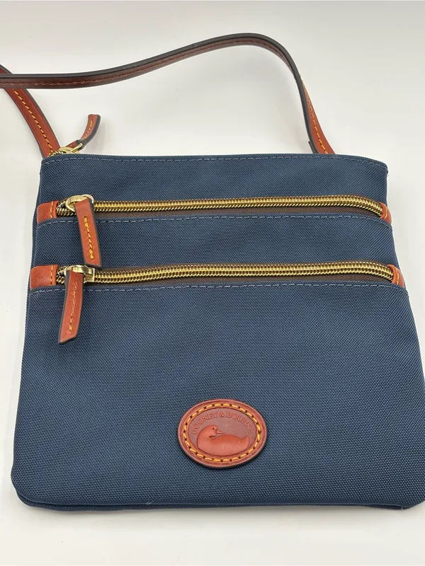 Dooney & Bourke‎ Triple Zip Navy Crossbody with Brown Leather Trim - Image 2