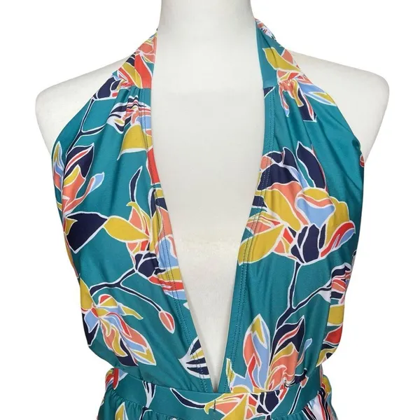 ModCloth Swimsuit Women’s Medium Teal Floral One Piece Bethany Halter Retro - Image 8