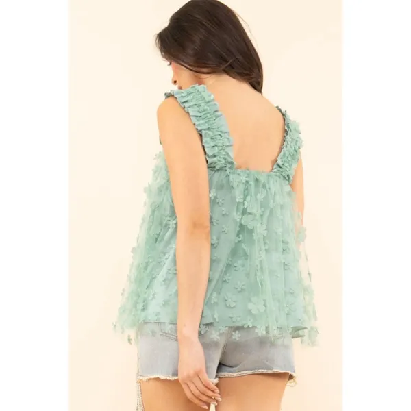 XL Blue Velvet NWT Floral Ruffle Green Top - Image 5