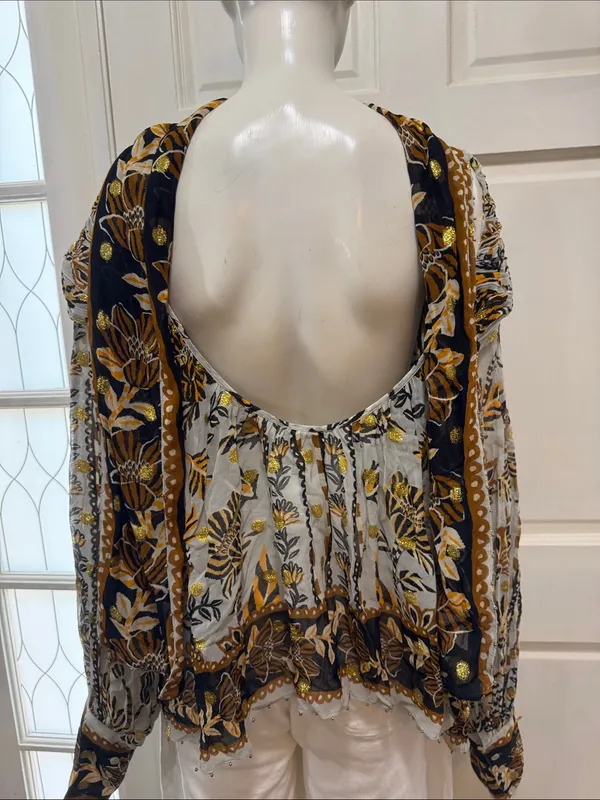 Farm Rio Silver Metallic Floral Beehive Tapestry Long Sleeve Blouse Size Medium - Image 12