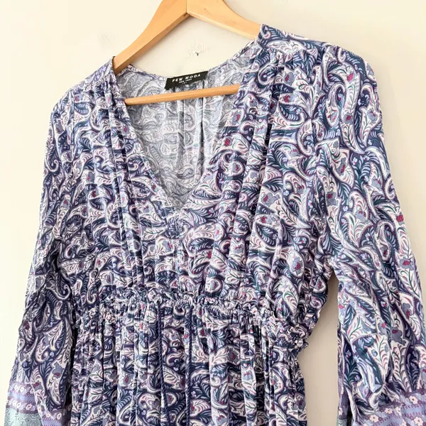 Few Moda Maxi Dress Small Blue Paisley Boho Tiered V-Neck Long Sleeve Drawstring - Image 12