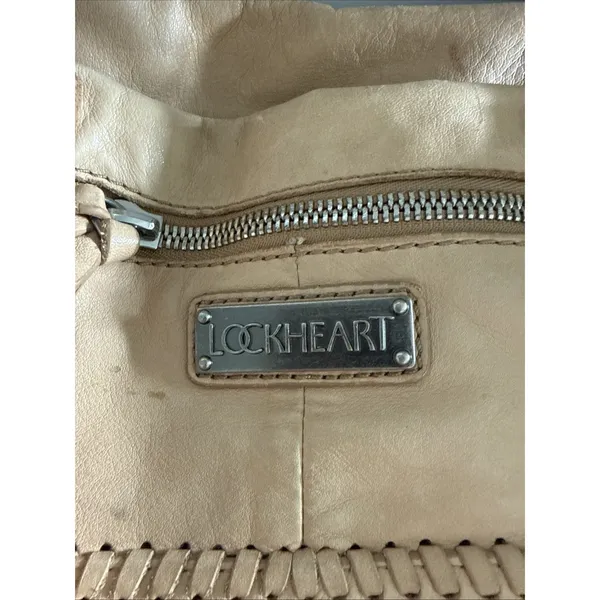Lockheart Beige Leather Beaded Shoulder Bag Lockheart Handbag Stained - Image 4