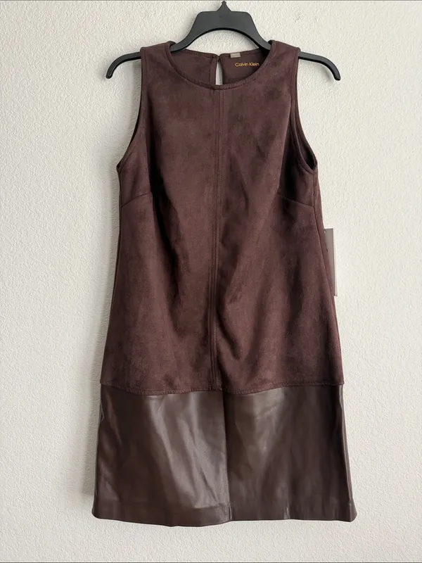 Calvin Klein Crewneck Two-Tone Brown Shift Short Dress, Size 2, NWT - Image 5