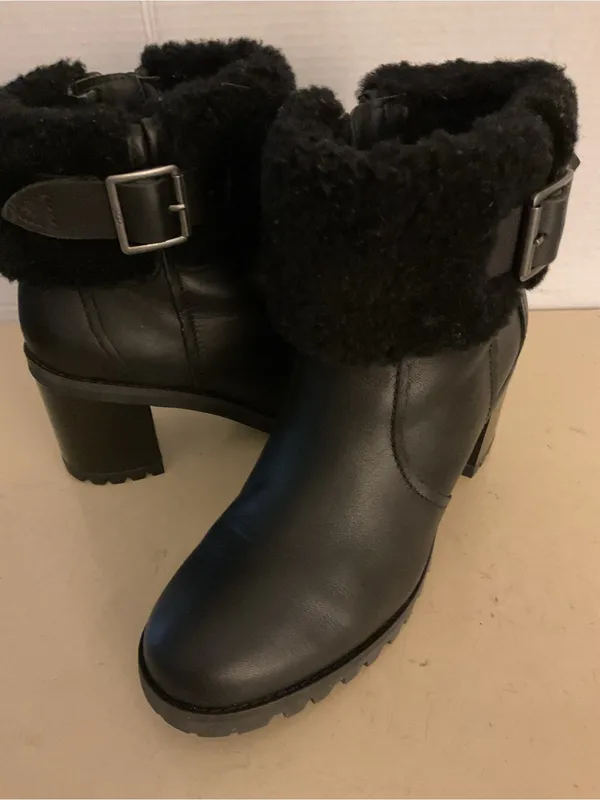 UGG women Black leather shearling platform waterproof heel boots US 7.5 - Image 2
