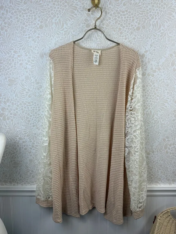 BiBi Beige and Cream Lace Sleeve Open-Front Waffle Knit Cardigan Top - Size - XL - Image 2