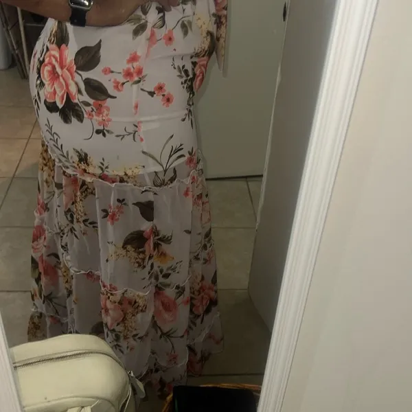 Gorgeous Soft Pink Orange Green Floral Maxi Dress Medium - Image 4