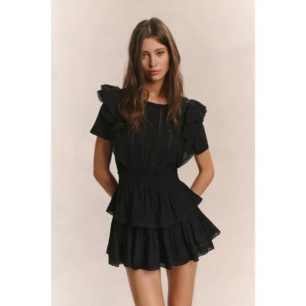 LoveShackFancy Mini‎ Dress Womens Medium Black Natasha Heritage Eyelet Ruffle - Image 2