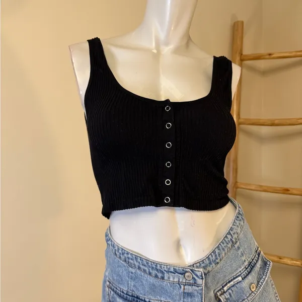 Free People Intimately Revolve Hailey's Henley Tank Top Black Snaps M/L - Image 2