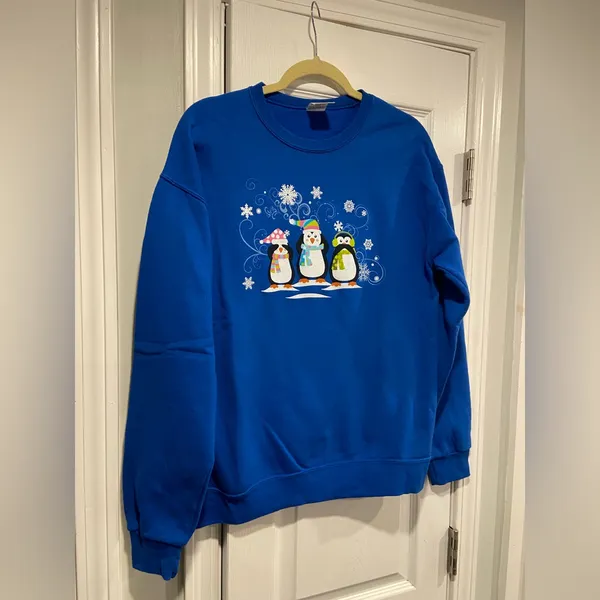 Jerzees Size M Blue Crew Neck Graphic Print Sweatshirt Penguins Snow Ski Winter - Image 6