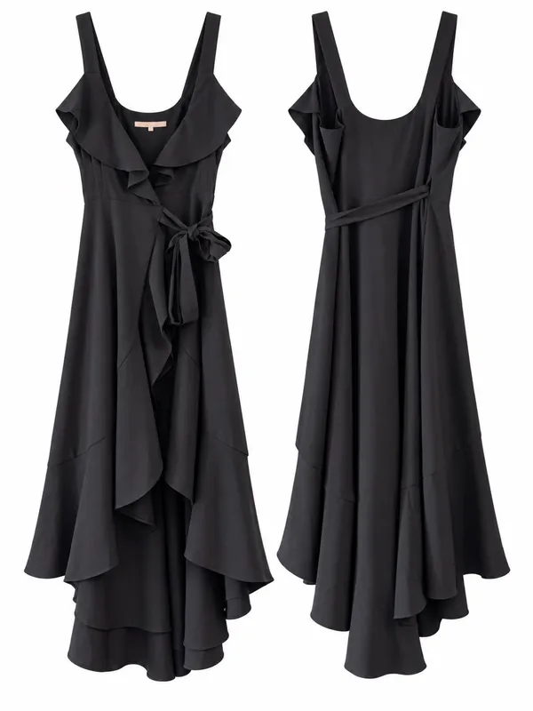 Hutch Eden Wrap Dress Women XS Black Excellent Ruffle High-Low Hem Sleeveless - Image 4