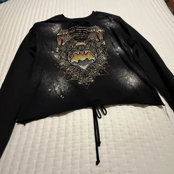 Affliction Black Bleach Wash Rhinestone Chromium Heart T-Shirt Sz L Large - Image 2