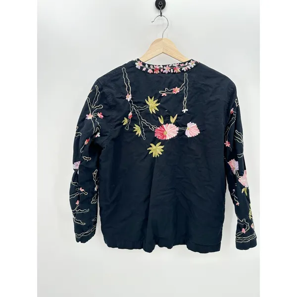 Bedford Fair Womens Black Floral Embroidery Cotton Flax‎ Button Down Jacket L - Image 2