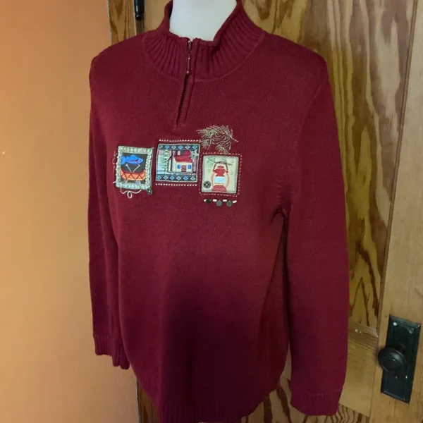 Y2K Kitschy Embroidered Sweater Cottagecore Cabin Lantern Fish Motif Zip Neck - Image 9