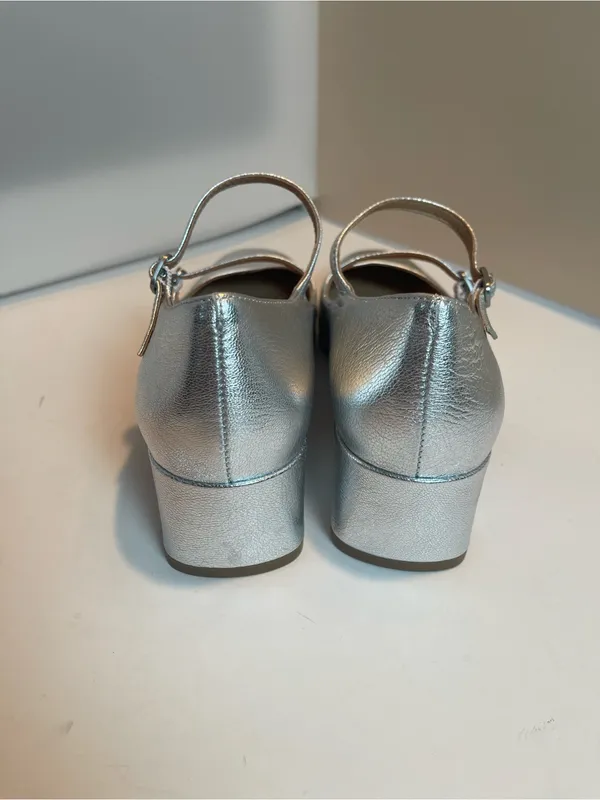 Madewell Silver Metallic Leather Double Strap Nettie Heeled Mary Jane Shoes 8.5 - Image 4