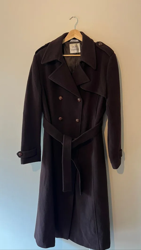 Vintage Oleg Cassini Dark Brown Wool Trench Coat Belted Double Breasted L 12 Y2 - Image 3