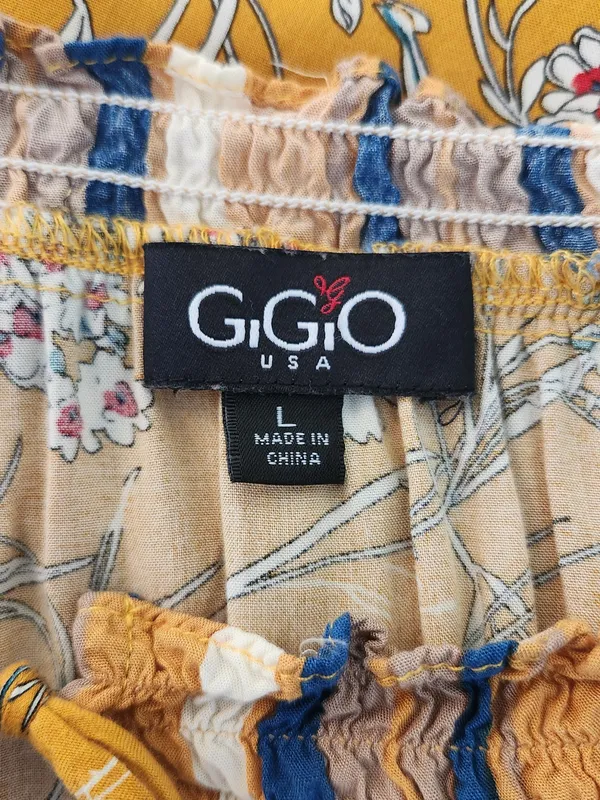 Gigio Mustard Yellow Boho Peasant Blouse Floral and Stripe Print Size Large - Image 9