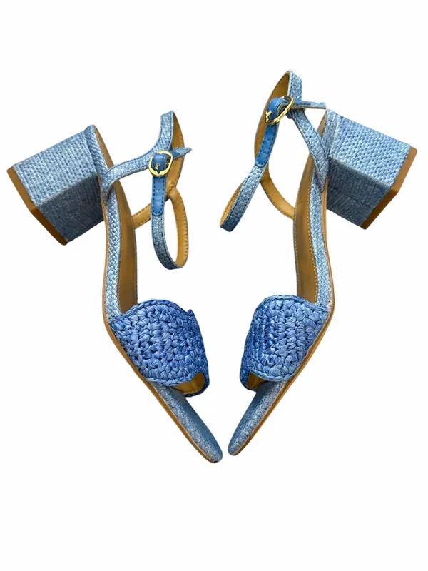 NWOB J.CREW FACTORY Woven Raffia Heeled Sandals Blue 6.5 - Image 2