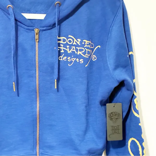 Ed Hardy‎ Blue Tiger Lotus Cropped Hoodie Blue Long Sleeve Full Zip Size XL NEW - Image 2