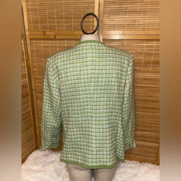 Sag Harbor tweed jacket green blue plaid open front jacket one hook blazer 12P - Image 3